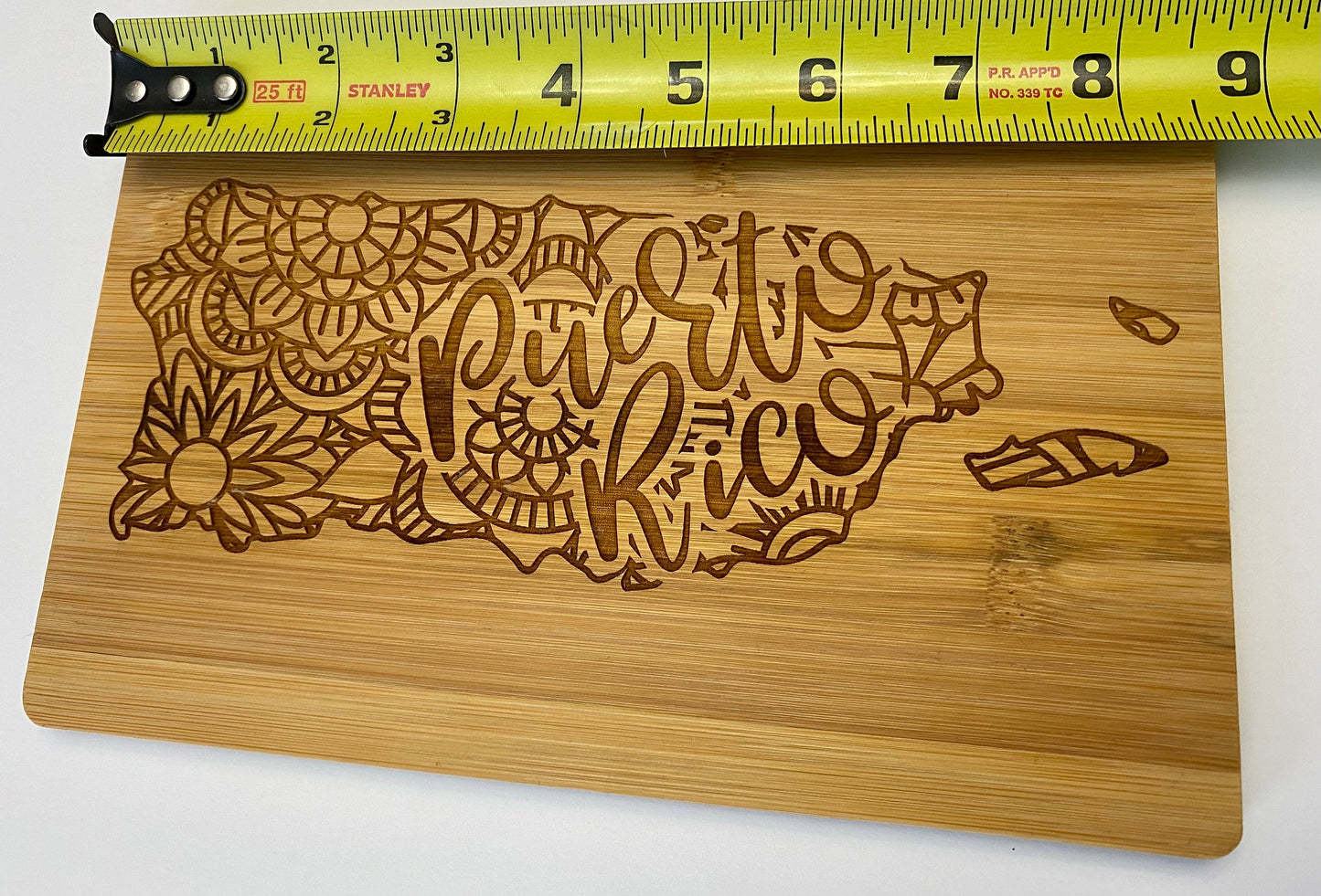 Puerto Rico Bamboo Cutting Board: Engraved Mandala Serving Board