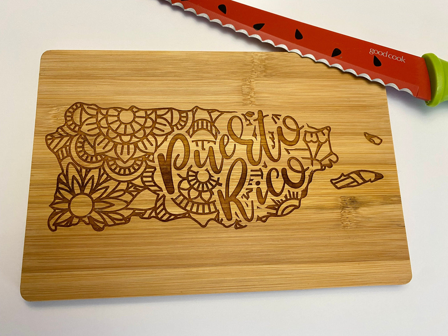 Puerto Rico Bamboo Cutting Board: Engraved Mandala Serving Board