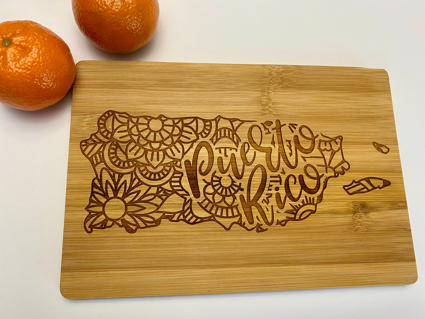 Puerto Rico Bamboo Cutting Board: Engraved Mandala Serving Board