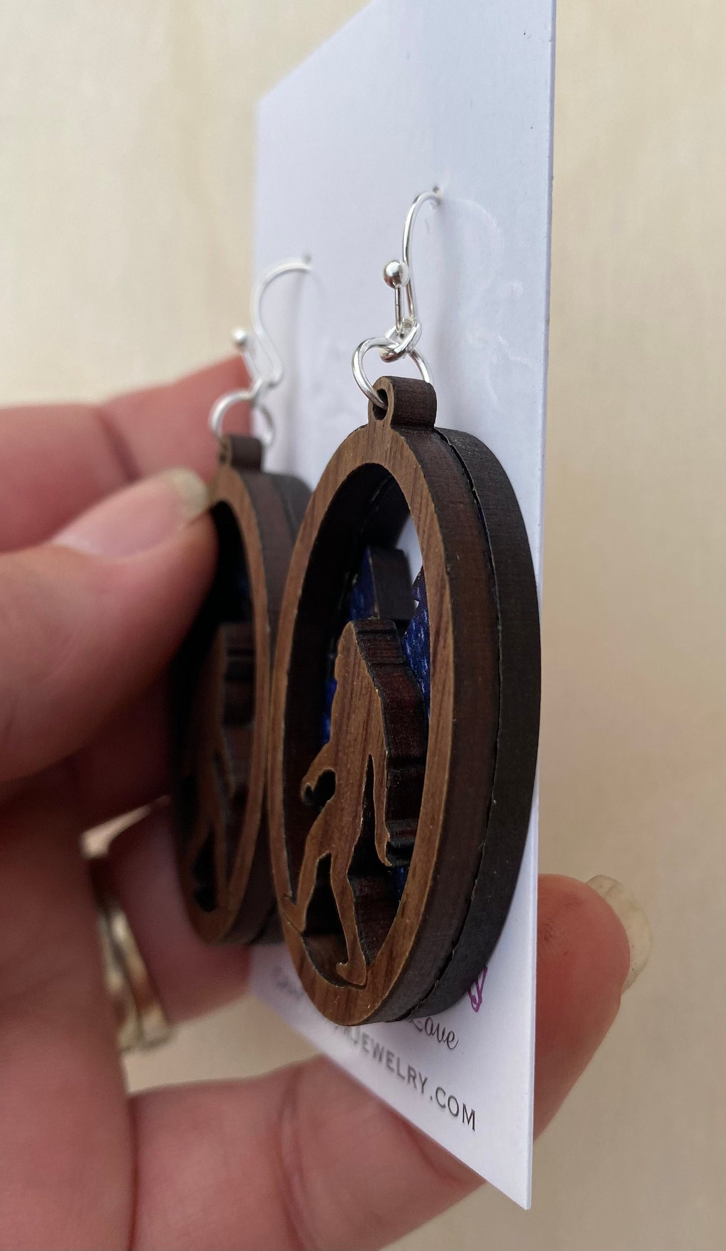 Bigfoot Earrings: layered Walnut Sasquatch in Forest Jewelry