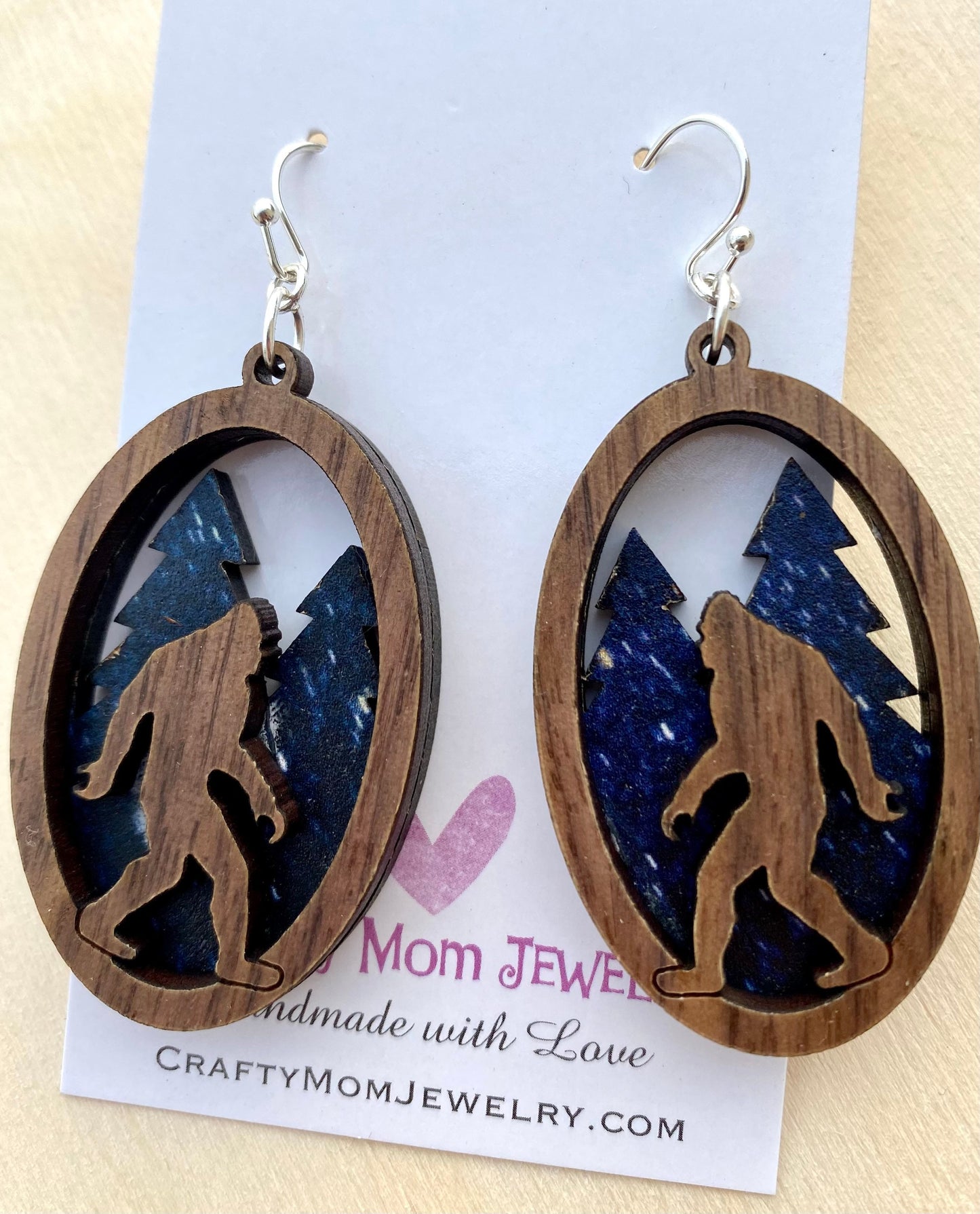 Bigfoot Earrings: layered Walnut Sasquatch in Forest Jewelry