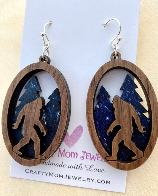 Bigfoot Earrings: layered Walnut Sasquatch in Forest Jewelry