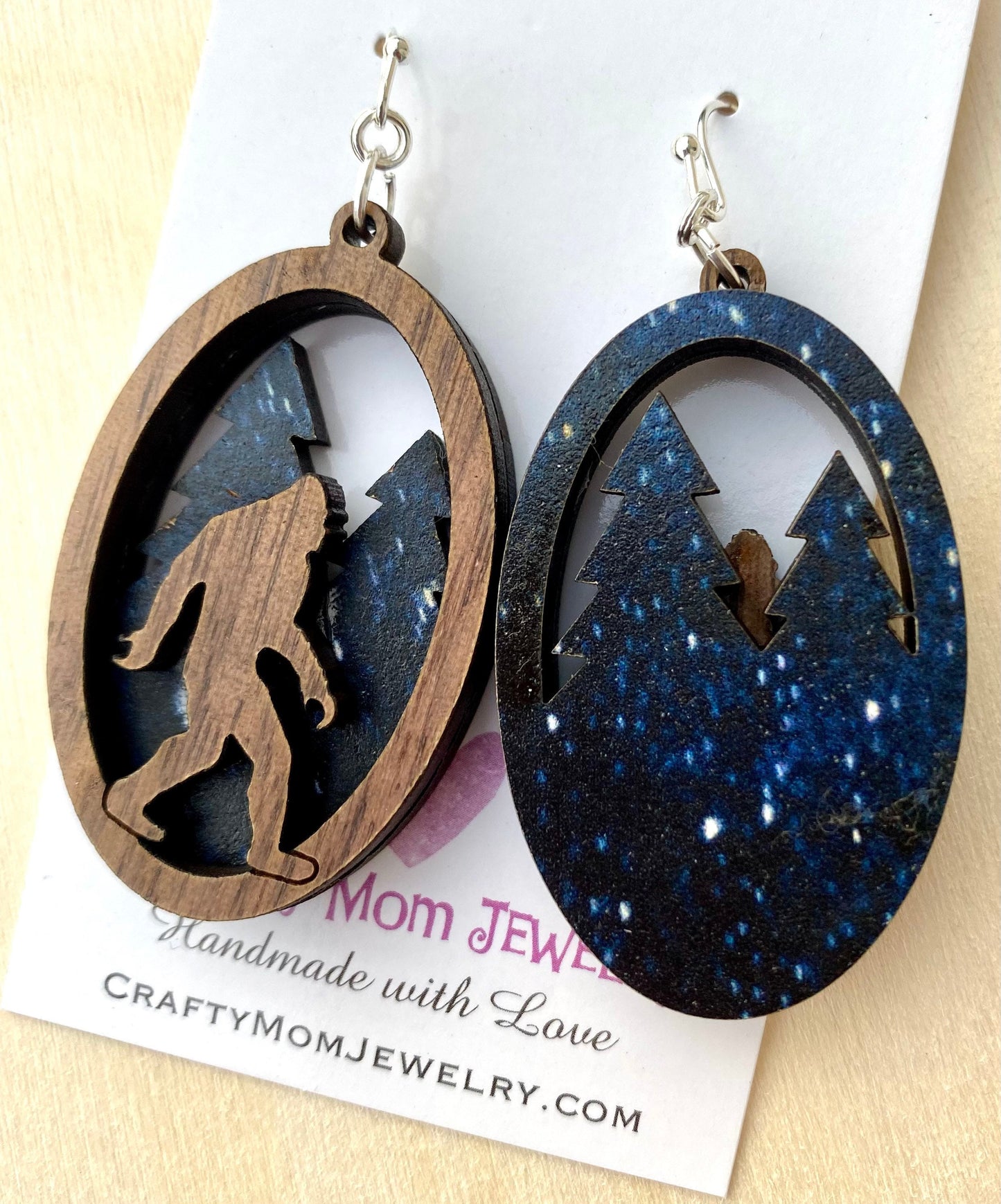 Bigfoot Earrings: layered Walnut Sasquatch in Forest Jewelry