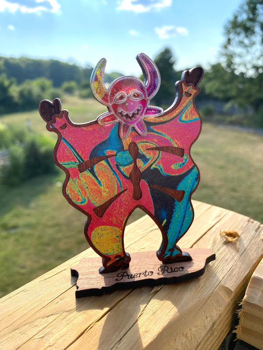 Colorful Vejigante Mask Wood Statue: Puerto Rican Art Decor