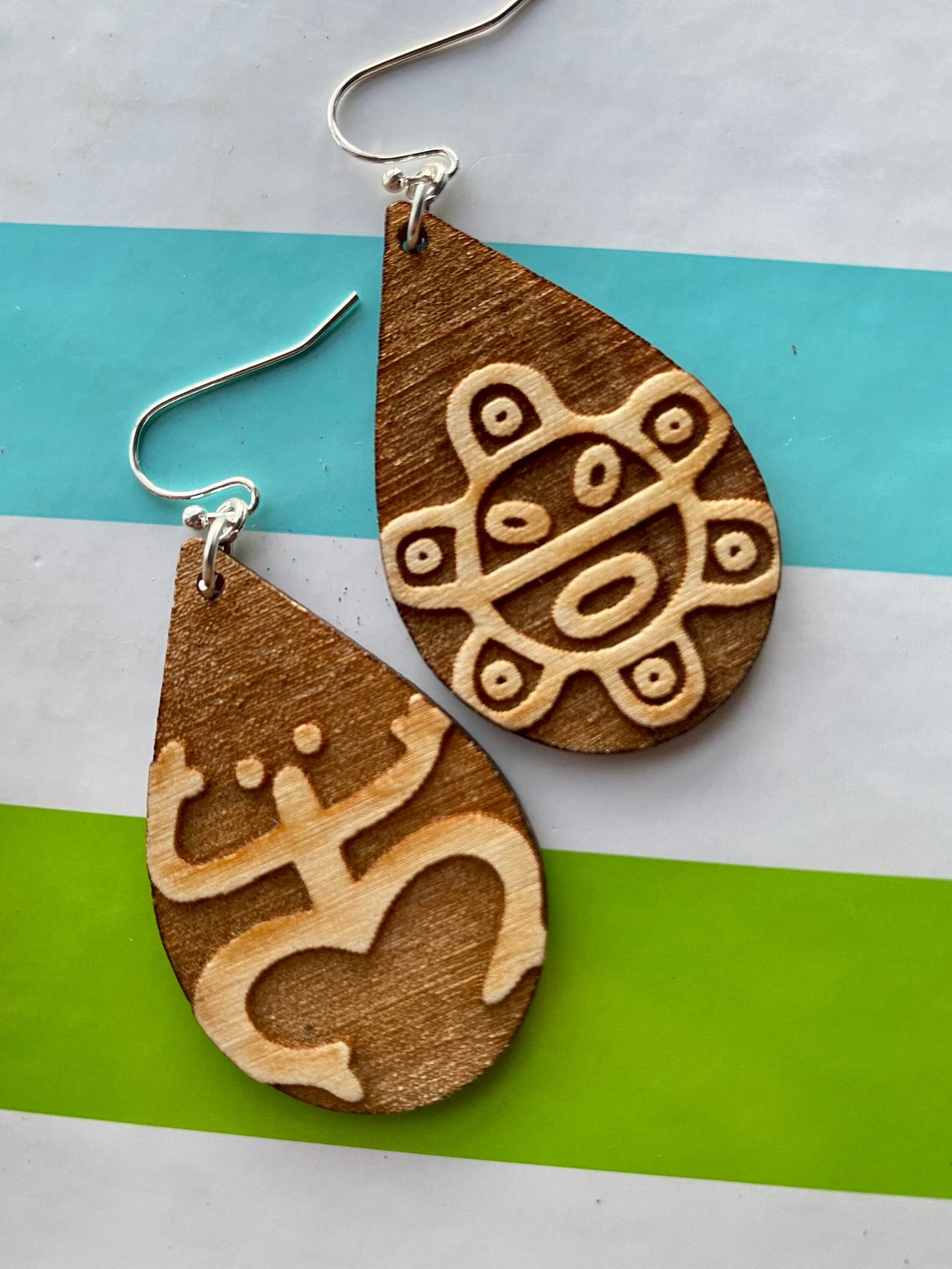 Coqui Taino Sun Wood Earrings: Puerto Rico Tropical Jewelry teardrop shape