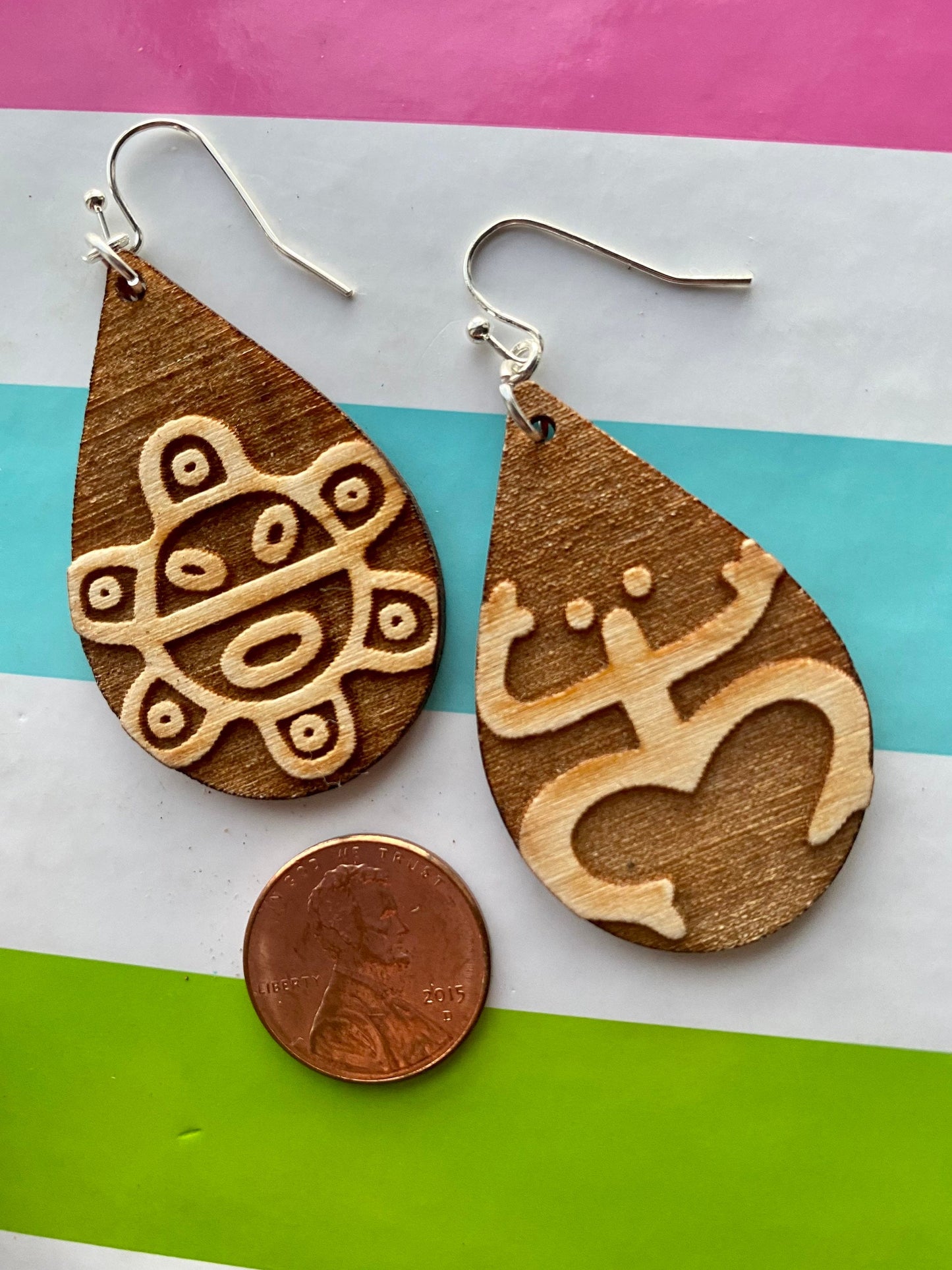 Coqui Taino Sun Wood Earrings: Puerto Rico Tropical Jewelry teardrop shape