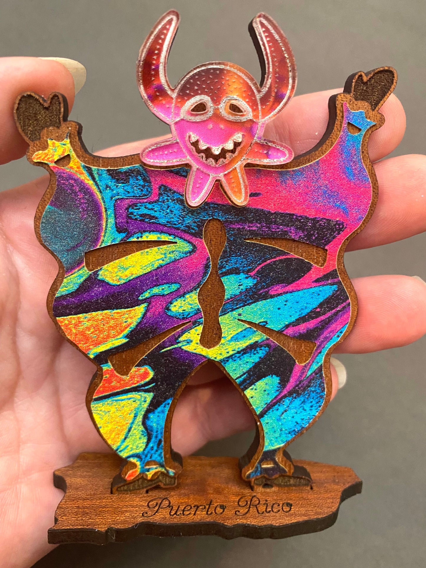 Colorful Vejigante Mask Wood Statue: Puerto Rican Art Decor