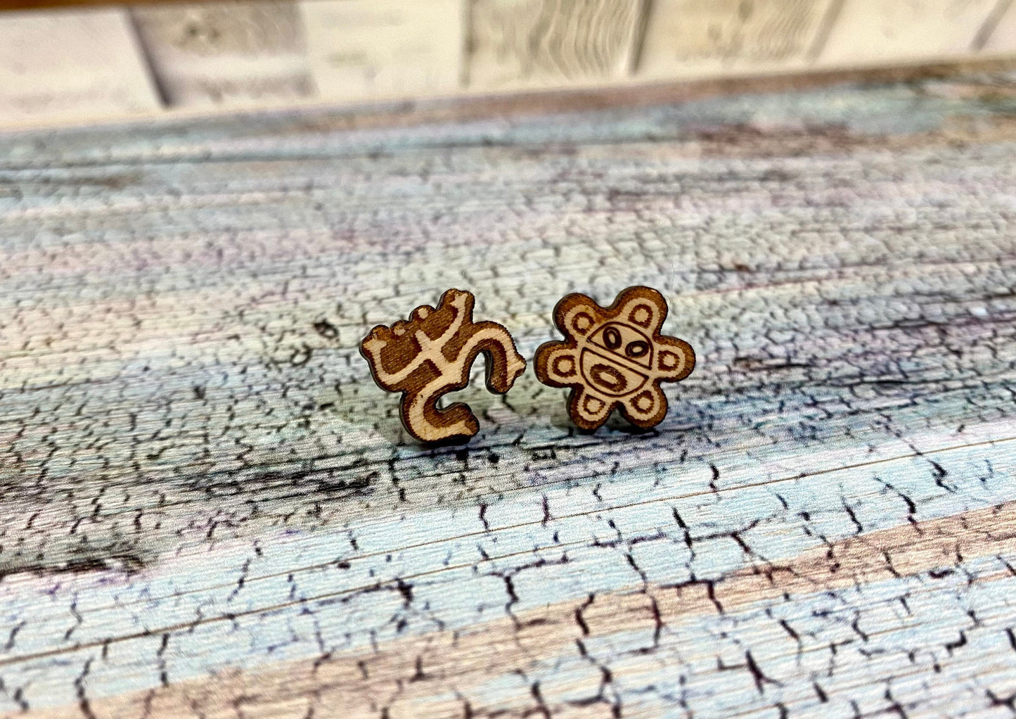 Coqui Taino Sol Wood Earrings: Puerto Rico Art Studs