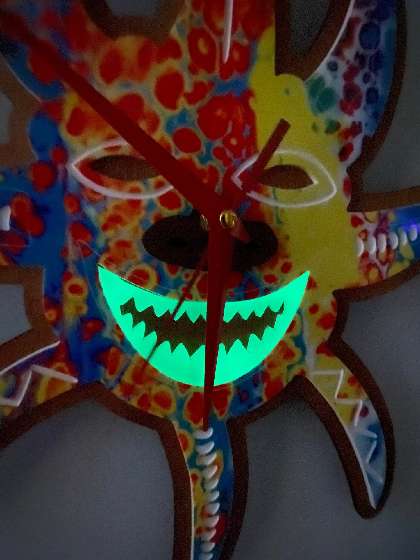 Vejigante Mask Wall Clock: Puerto Rican Art, Sapele Wood, Glow Teeth