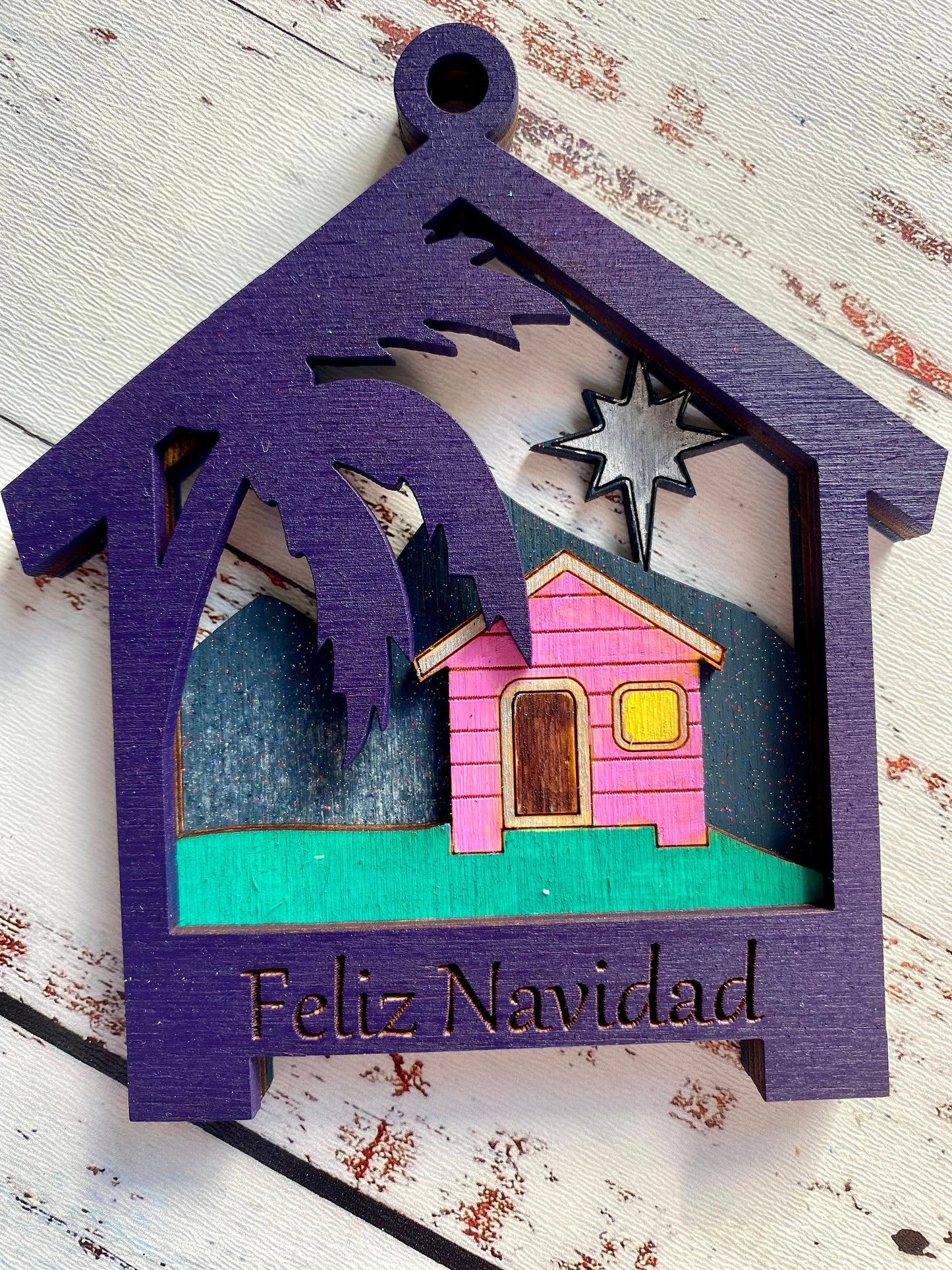 Hand-Painted Puerto Rico Christmas Ornament: Casa del Campo Wood Art
