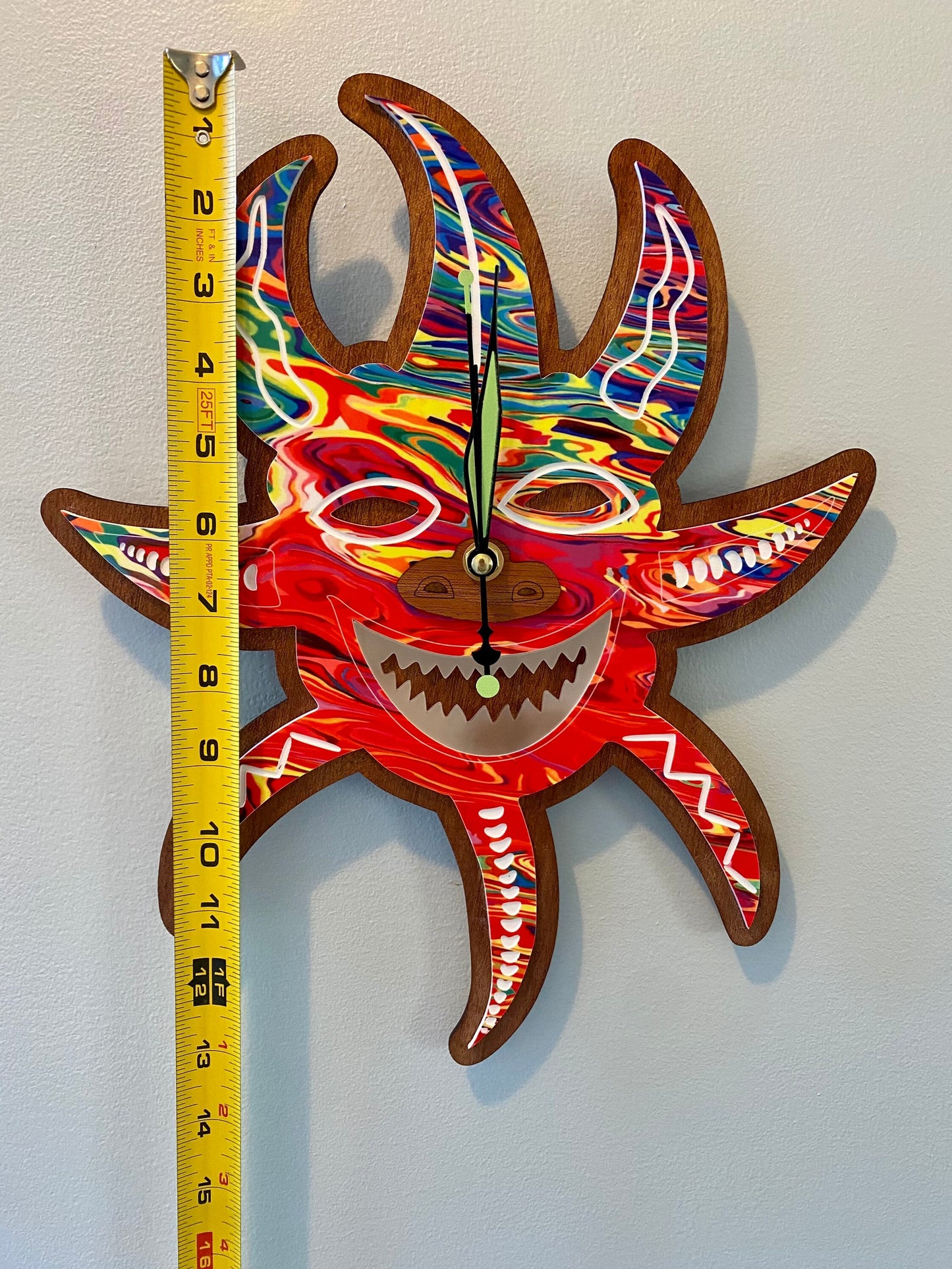Vejigante Mask Wall Clock: Puerto Rican Art, Sapele Wood, Glow Teeth