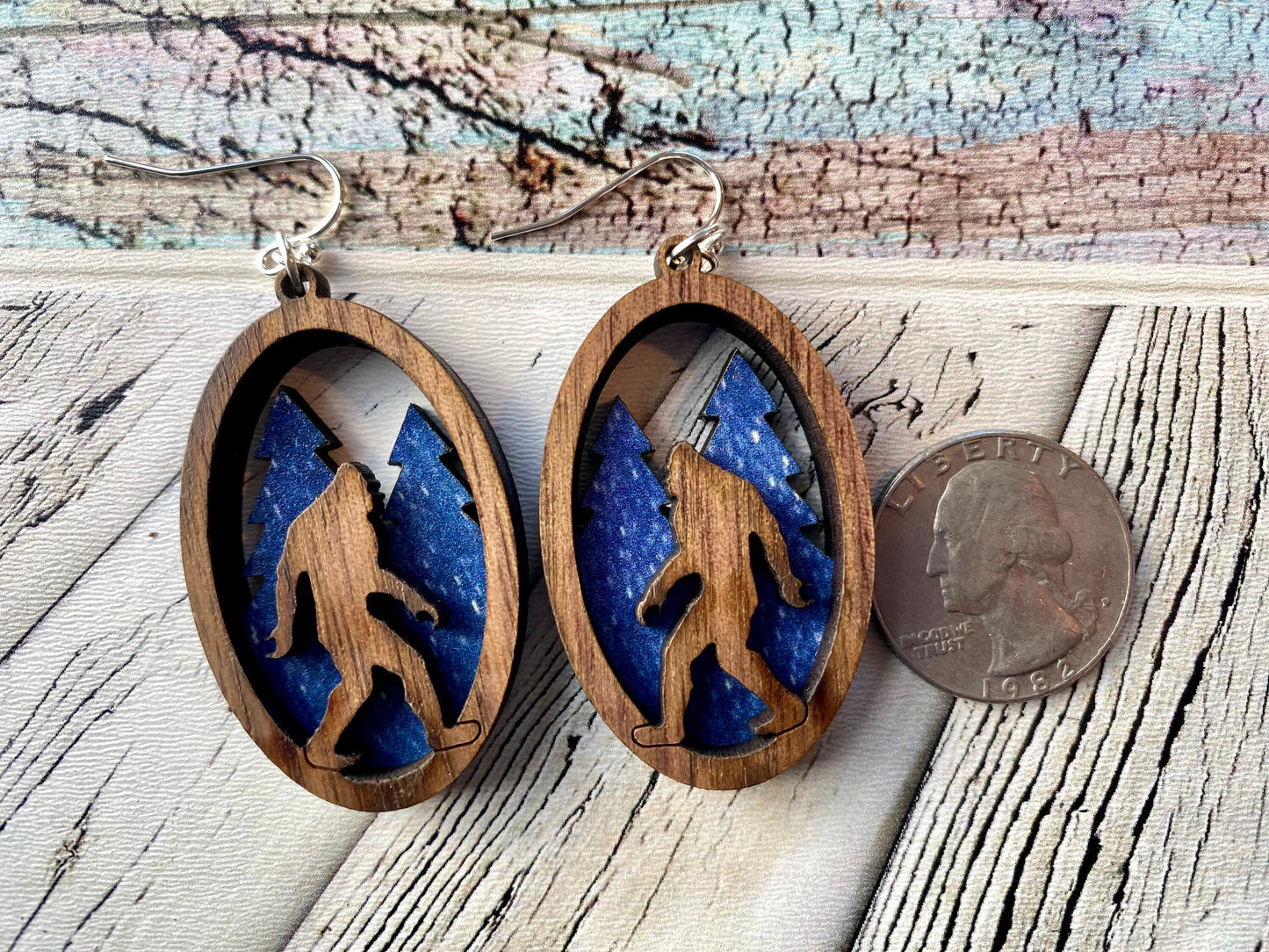 Bigfoot Earrings: layered Walnut Sasquatch in Forest Jewelry