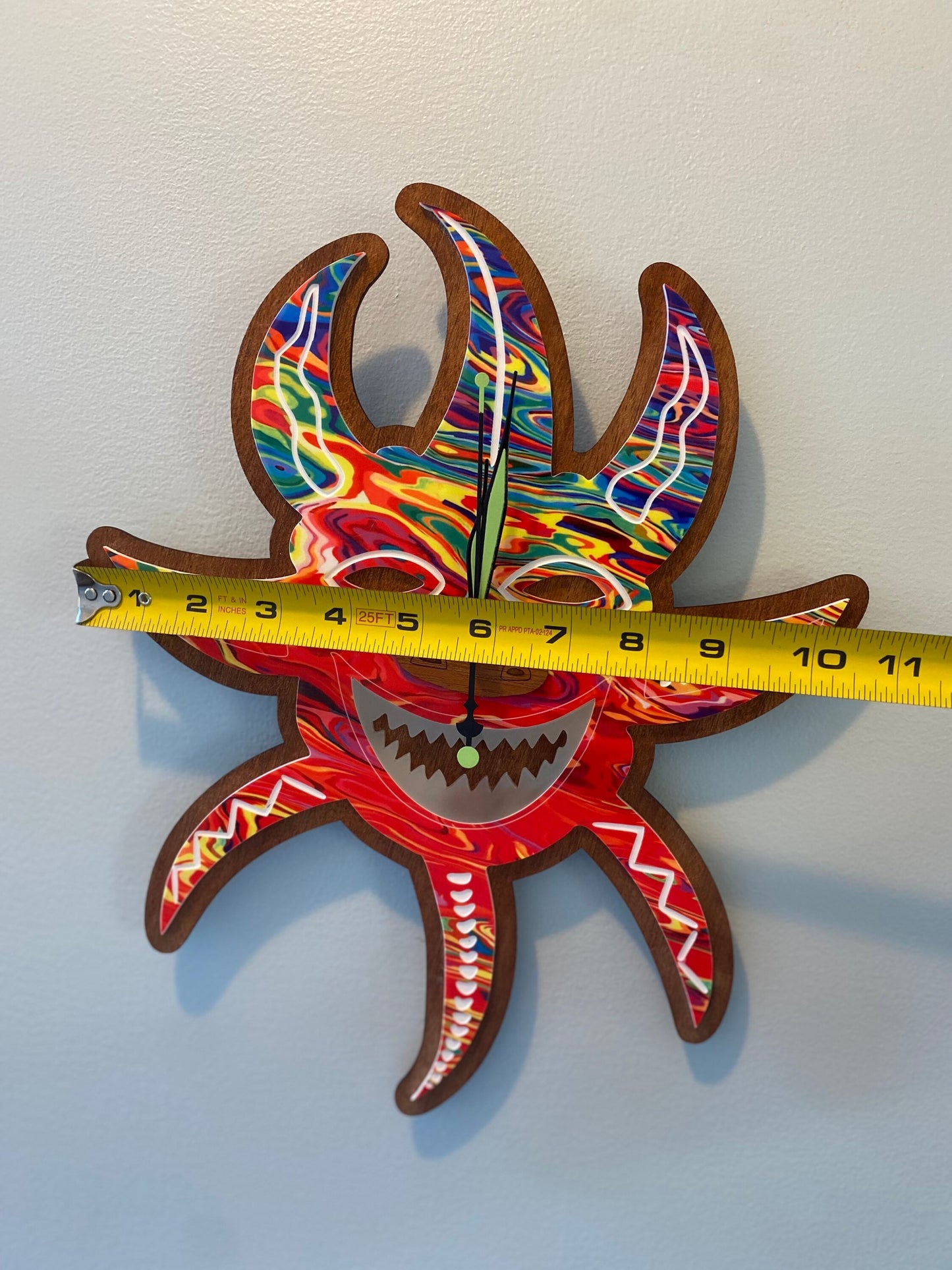 Vejigante Mask Wall Clock: Puerto Rican Art, Sapele Wood, Glow Teeth
