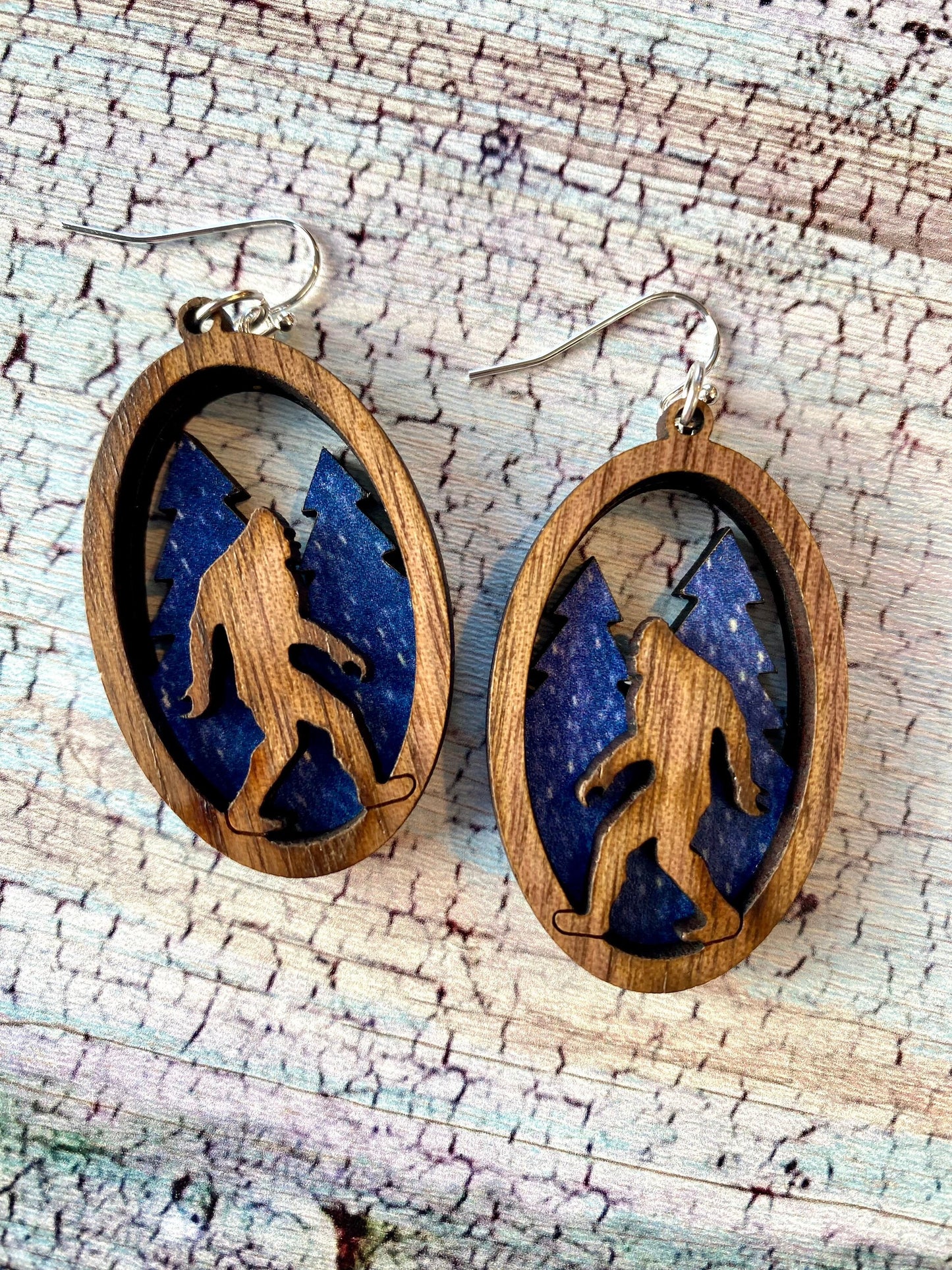 Bigfoot Earrings: layered Walnut Sasquatch in Forest Jewelry