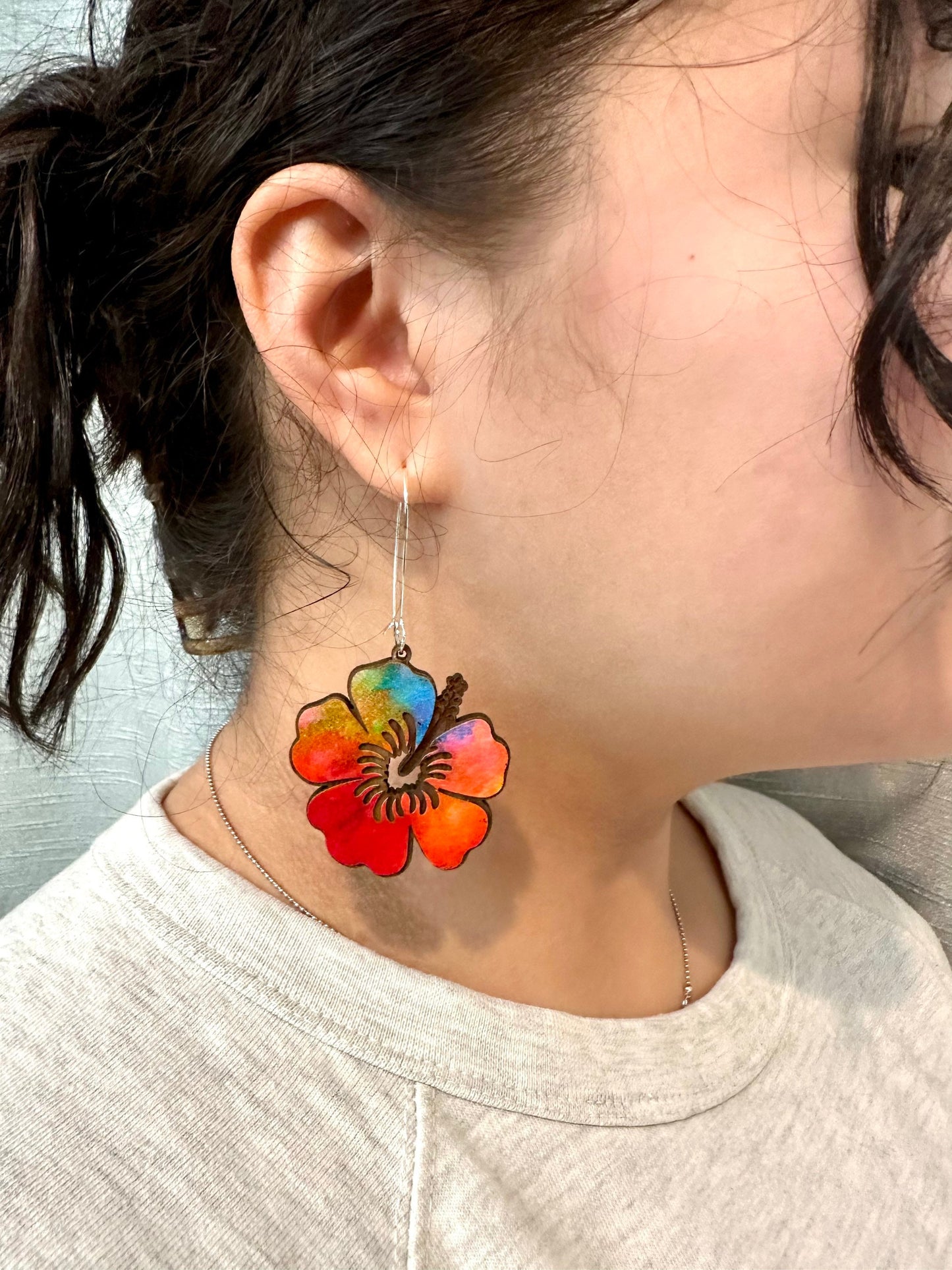 Laser Engraved Hibiscus Wood Earrings: Tropical Flor de Maga Jewelry