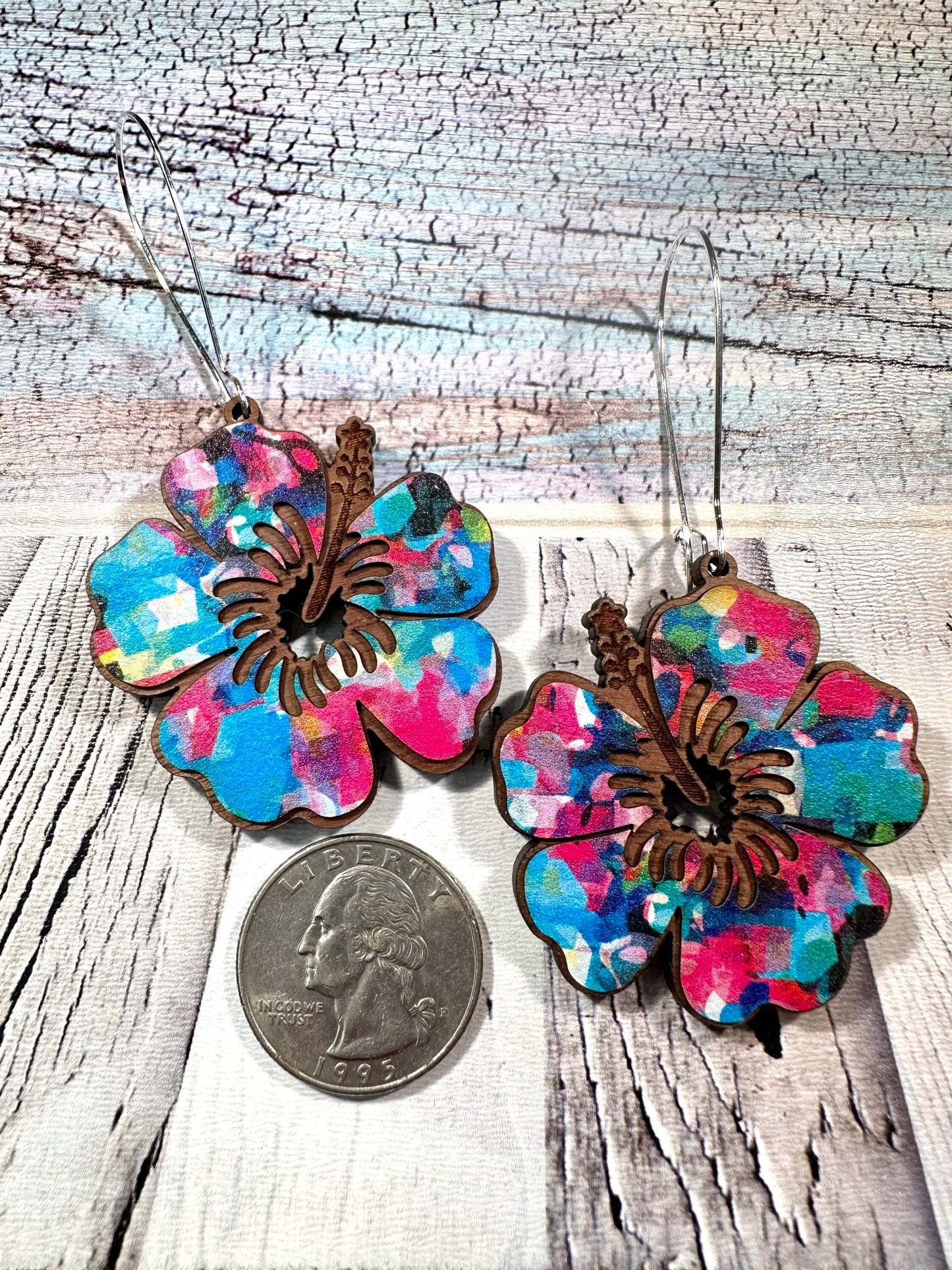 Laser Engraved Hibiscus Wood Earrings: Tropical Flor de Maga Jewelry