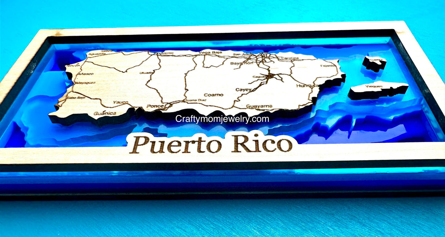 3D Puerto Rico layers Topography Map: Ocean Art Desk Decor shelf sitter
