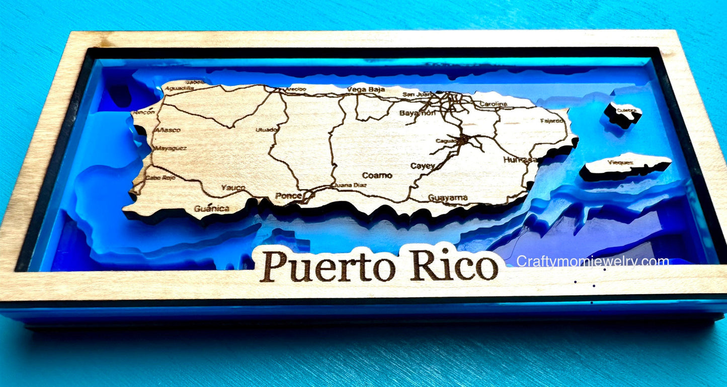 3D Puerto Rico layers Topography Map: Ocean Art Desk Decor shelf sitter