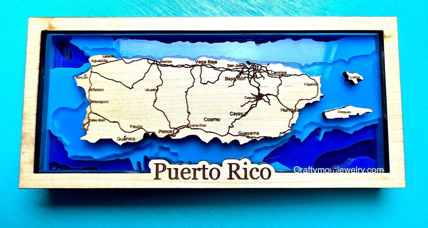 3D Puerto Rico layers Topography Map: Ocean Art Desk Decor shelf sitter