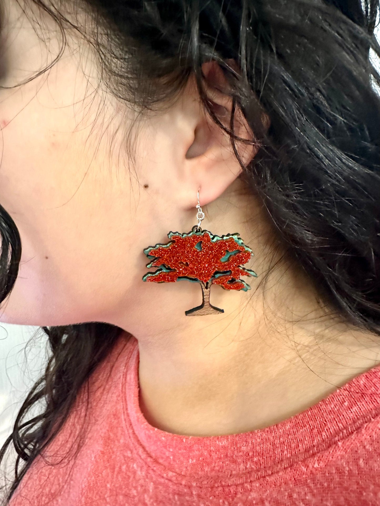 Handpainted Glitter Flamboyan Tree Earrings: Caribbean Art Jewelry, Puerto Rico art