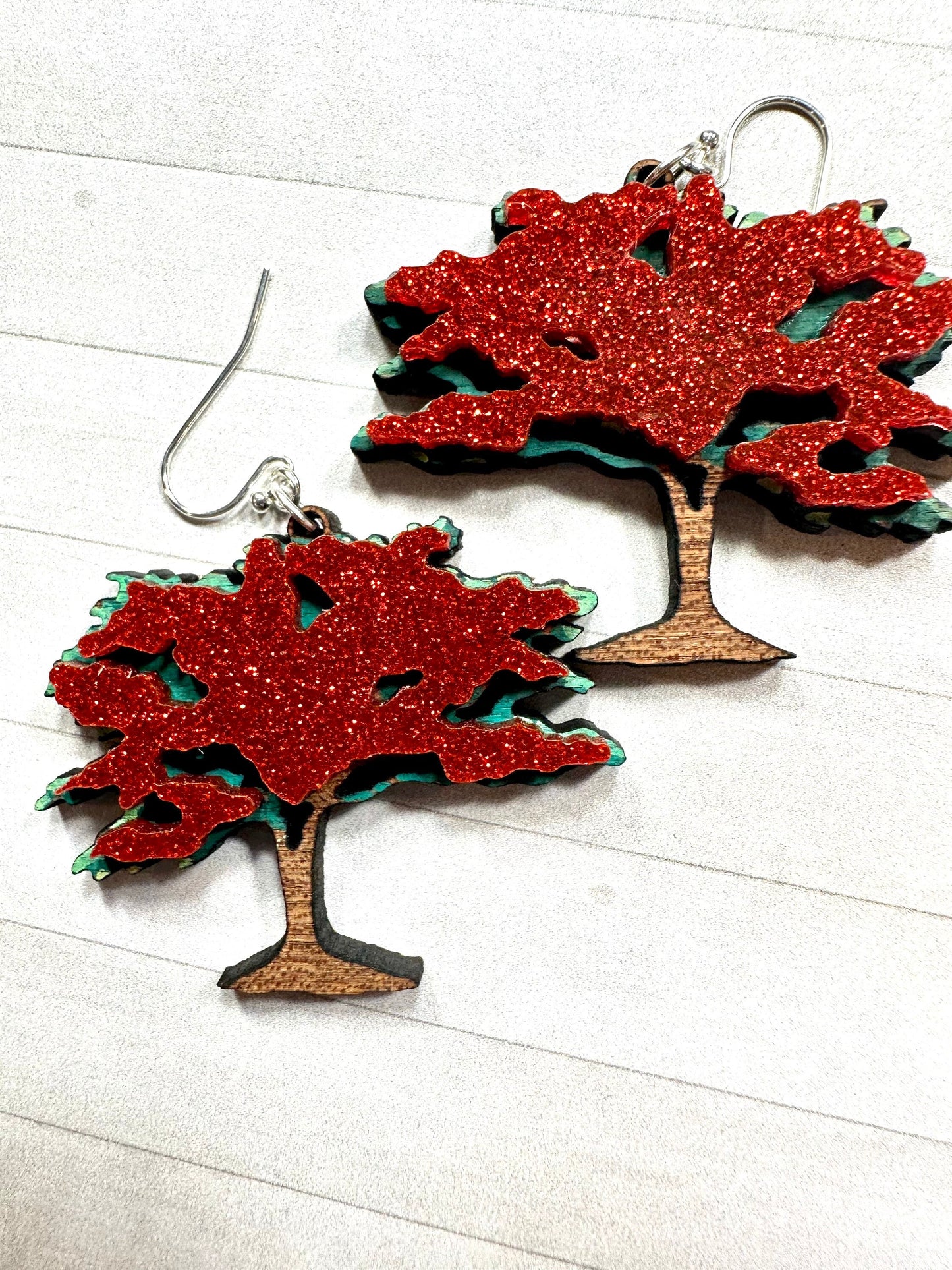 Handpainted Glitter Flamboyan Tree Earrings: Caribbean Art Jewelry, Puerto Rico art