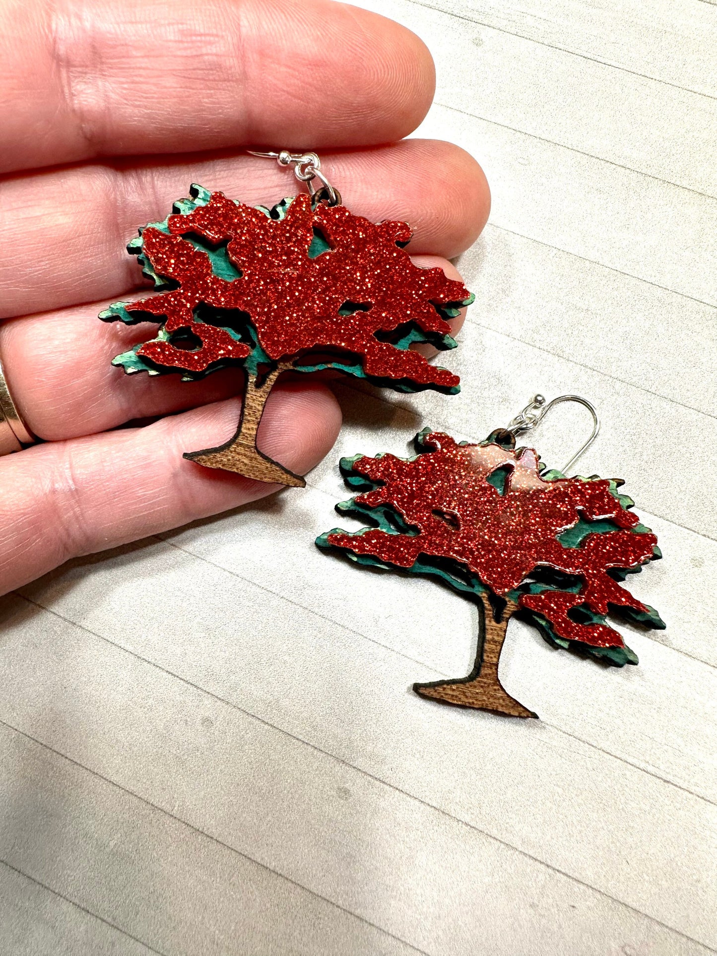 Handpainted Glitter Flamboyan Tree Earrings: Caribbean Art Jewelry, Puerto Rico art