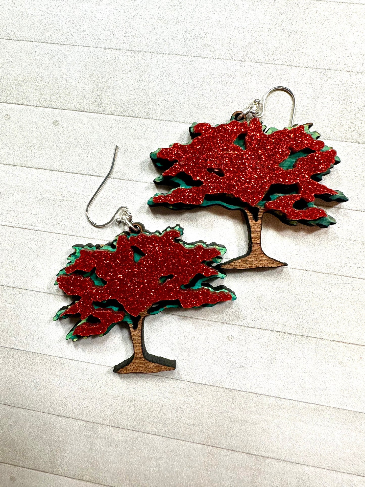 Handpainted Glitter Flamboyan Tree Earrings: Caribbean Art Jewelry, Puerto Rico art