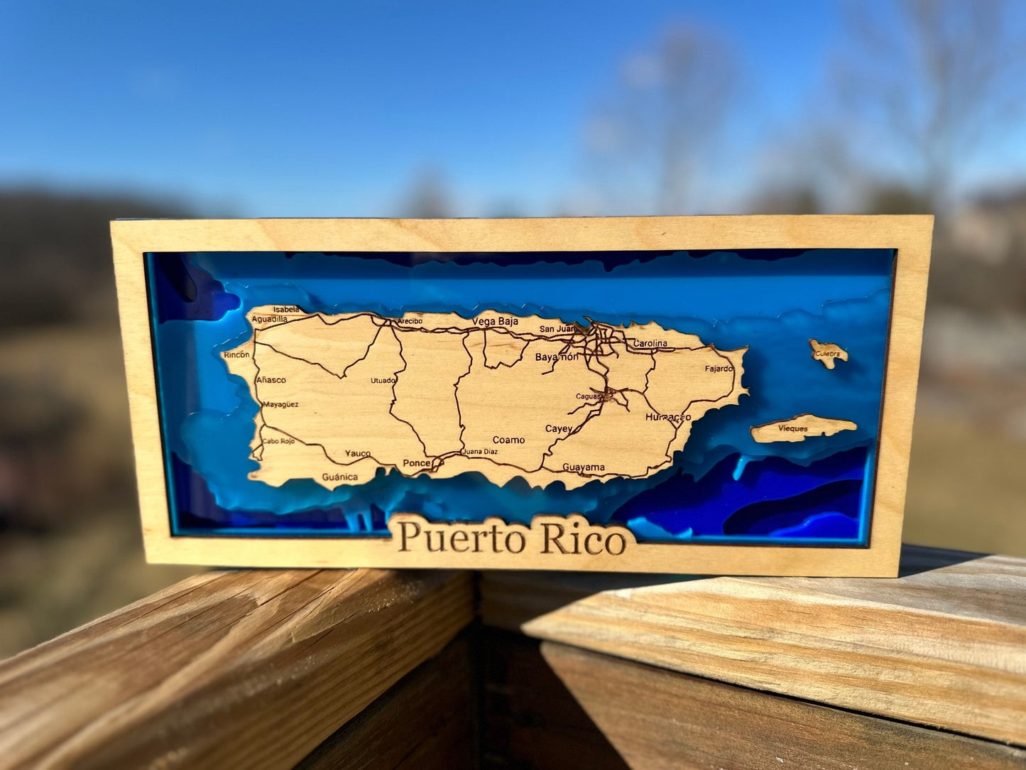3D Puerto Rico layers Topography Map: Ocean Art Desk Decor shelf sitter