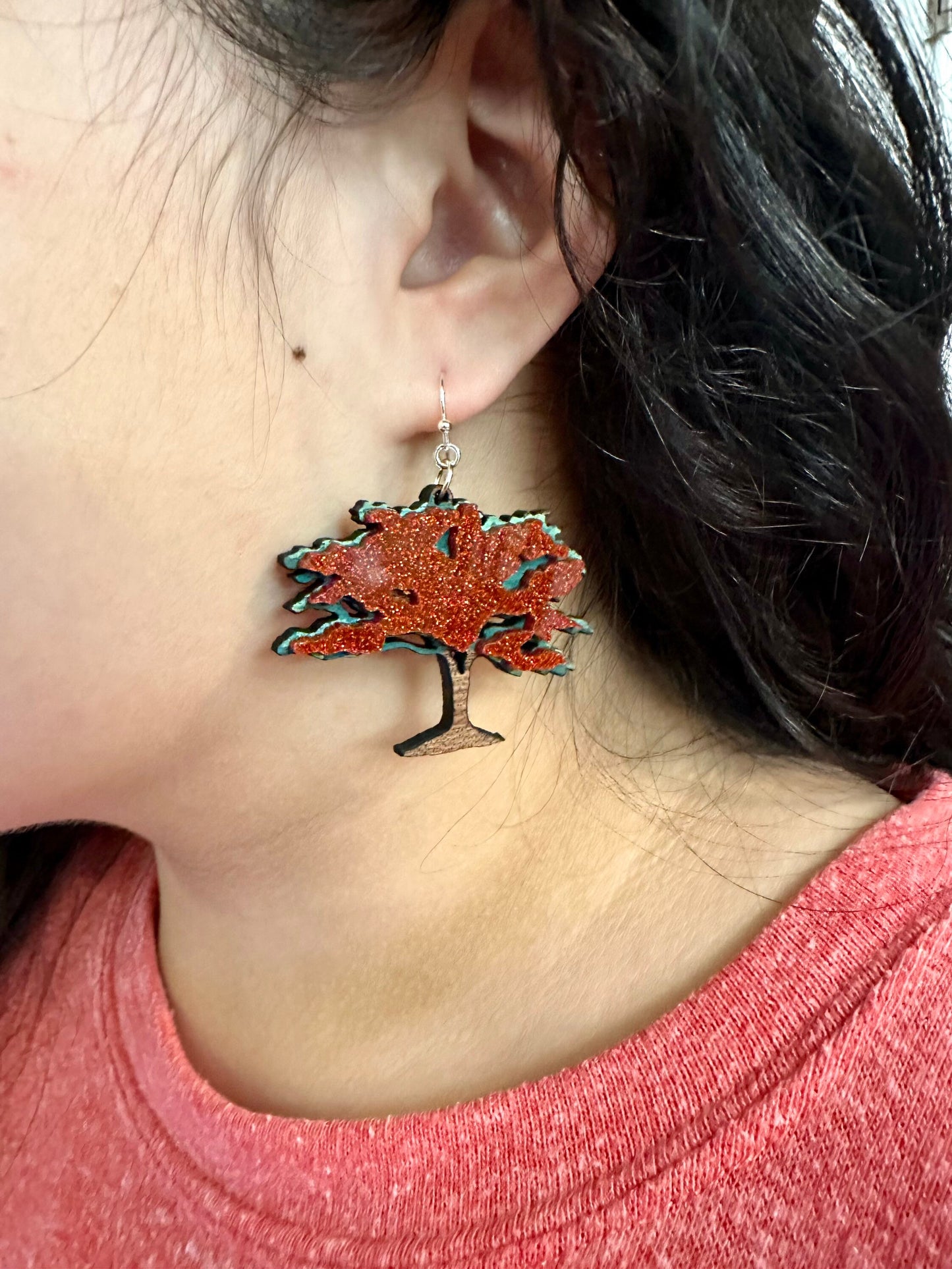 Handpainted Glitter Flamboyan Tree Earrings: Caribbean Art Jewelry, Puerto Rico art