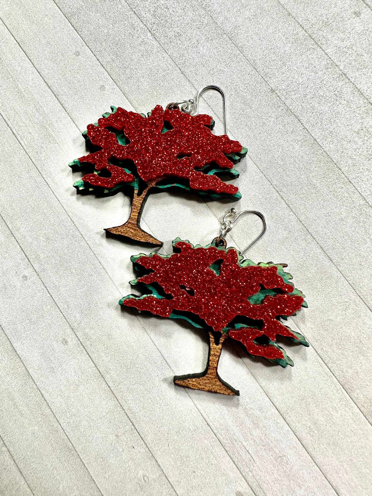 Handpainted Glitter Flamboyan Tree Earrings: Caribbean Art Jewelry, Puerto Rico art