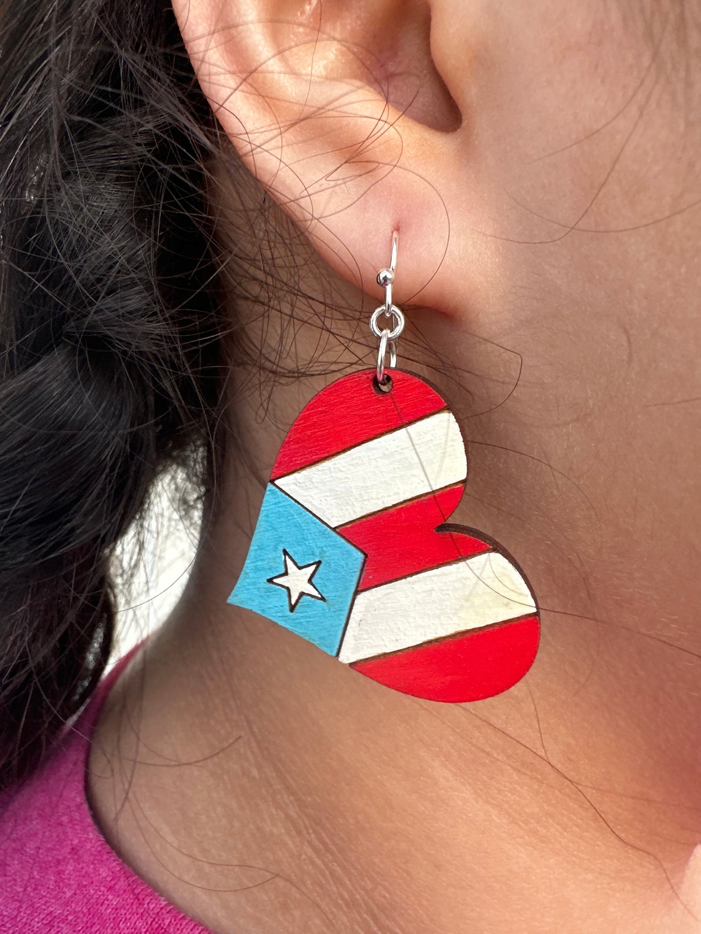 Hand-Painted Puerto Rican Flag Heart Earrings: Boricua Wood Jewelry