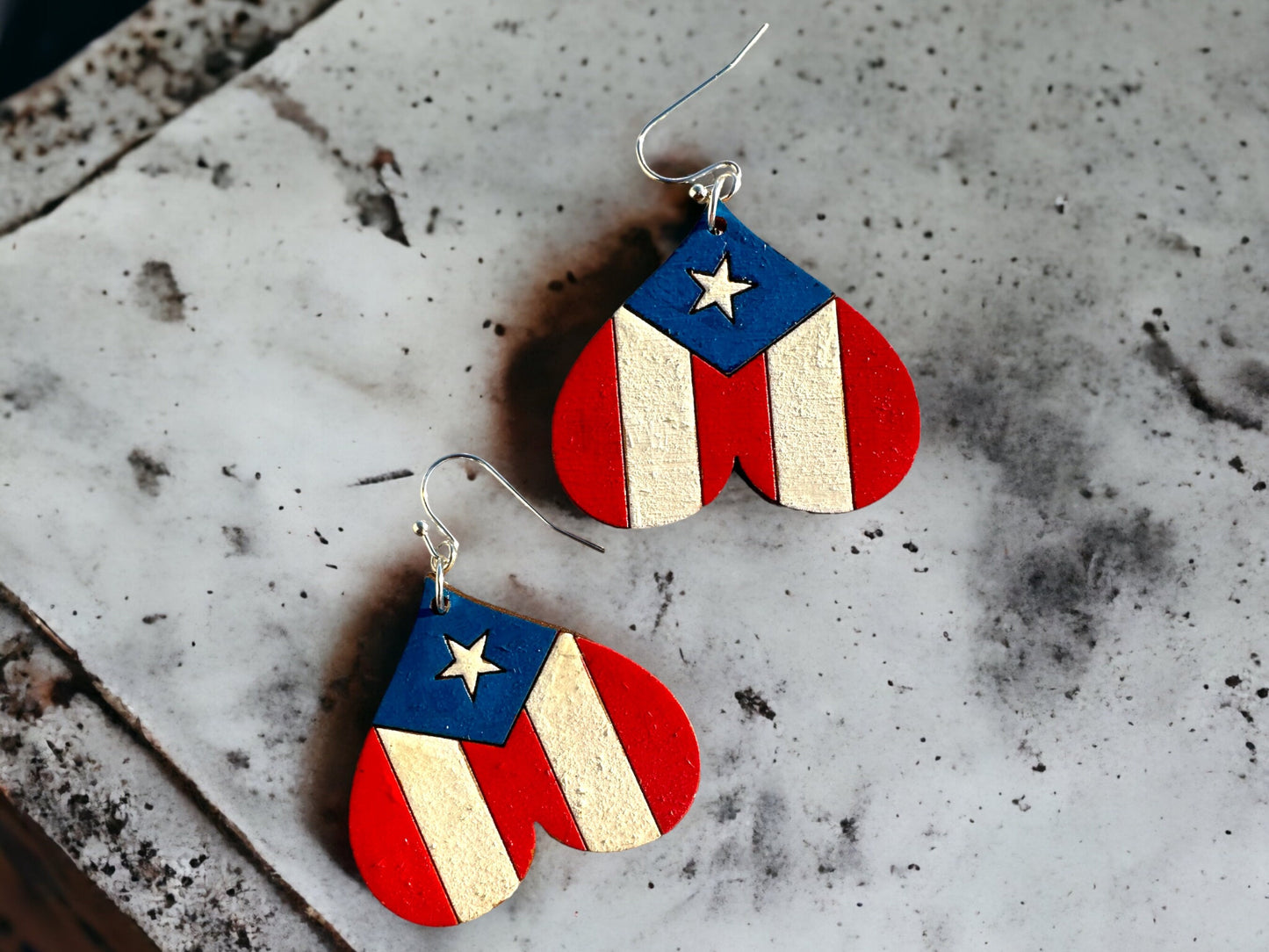 Hand-Painted Puerto Rican Flag Heart Earrings: Boricua Wood Jewelry