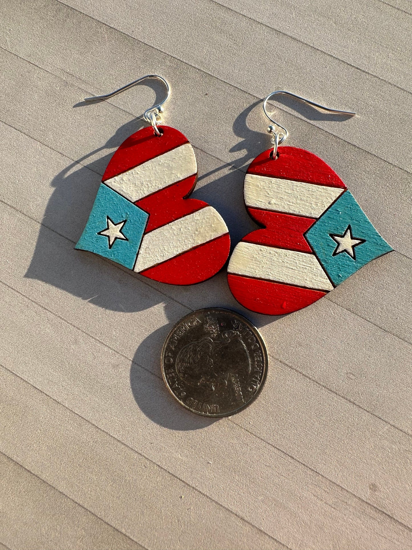 Hand-Painted Puerto Rican Flag Heart Earrings: Boricua Wood Jewelry