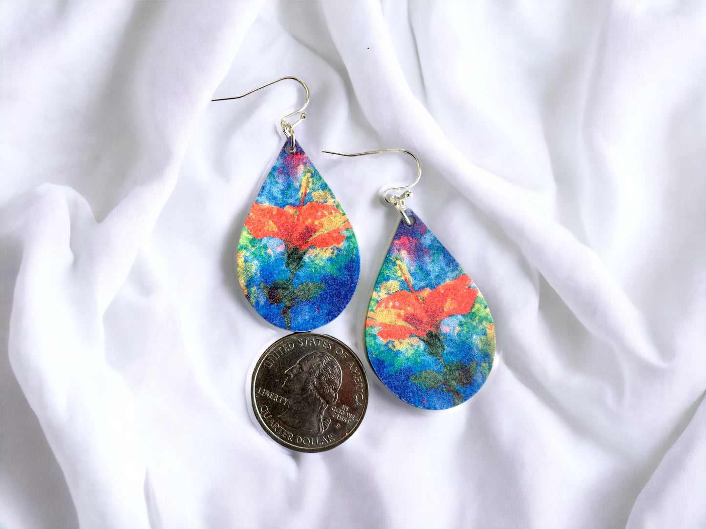 Colorful Hibiscus flower tropical earrings dangle, flor de maga jewelry, Puerto Rico art, birthday gift for gardener, lightweight statement