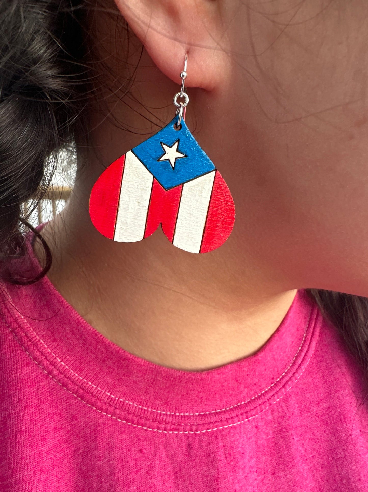 Hand-Painted Puerto Rican Flag Heart Earrings: Boricua Wood Jewelry