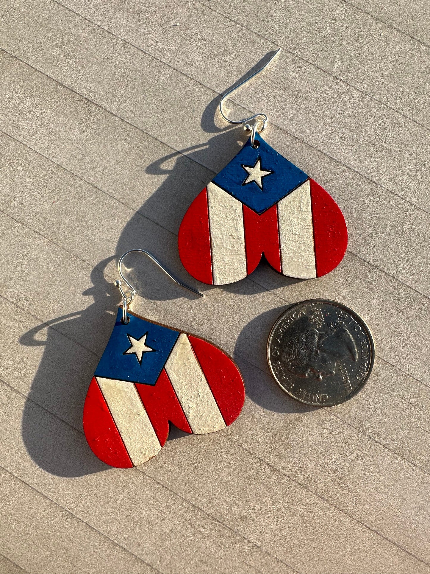 Hand-Painted Puerto Rican Flag Heart Earrings: Boricua Wood Jewelry