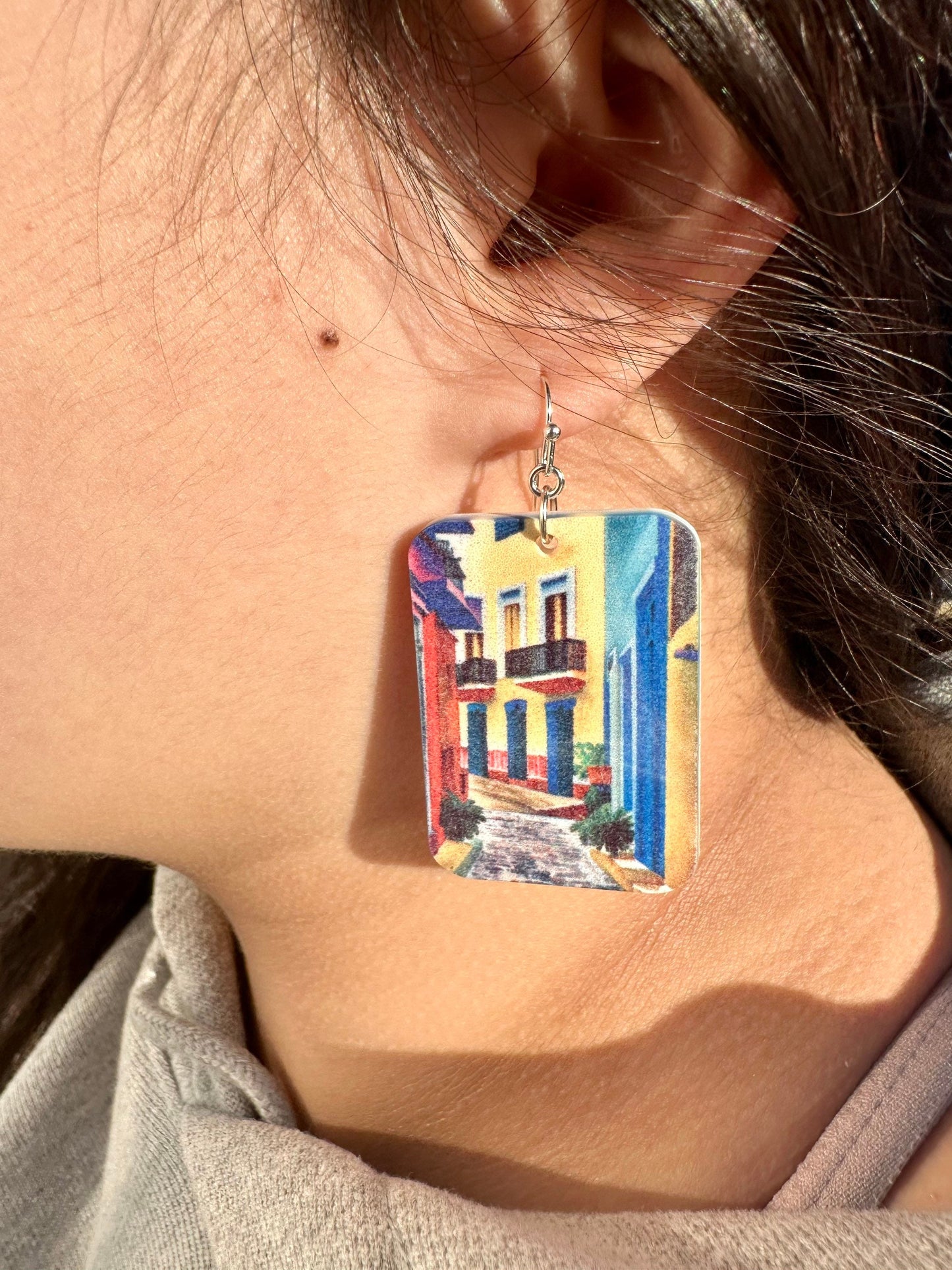 Viejo San Juan statement earrings, Caribbean architecture jewelry, Mothers Day gift for aunt,lightweight statement earrings of original art
