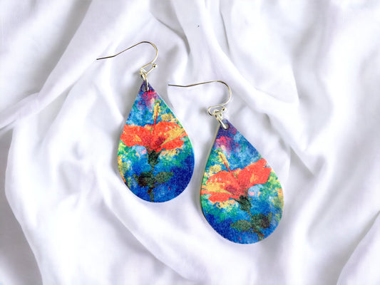 Colorful Hibiscus flower tropical earrings dangle, flor de maga jewelry, Puerto Rico art, birthday gift for gardener, lightweight statement