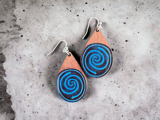 Taino water symbol Wood Earrings: Blue Acrylic and wood dangles, Puerto Rico Art