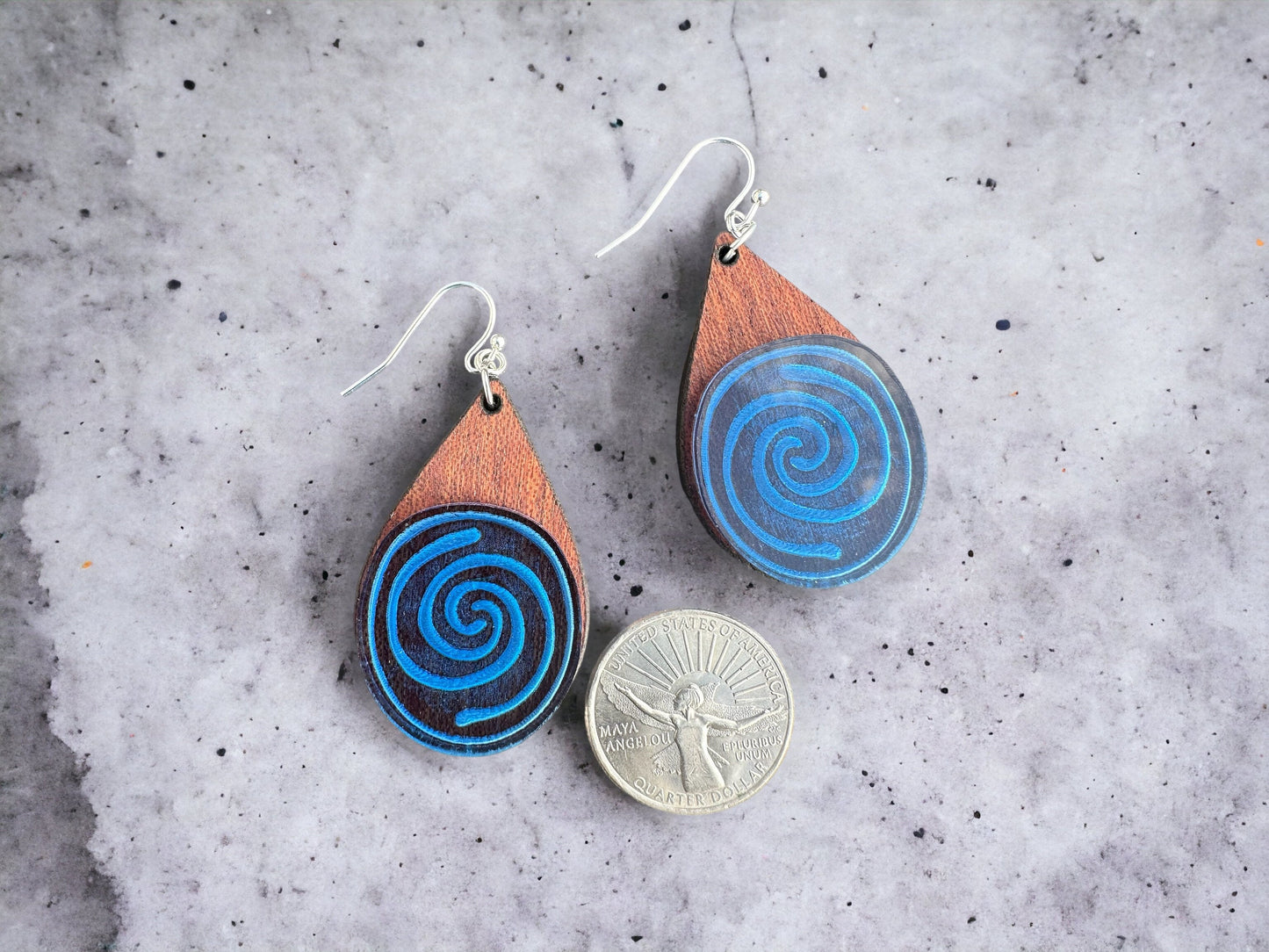 Taino water symbol Wood Earrings: Blue Acrylic and wood dangles, Puerto Rico Art