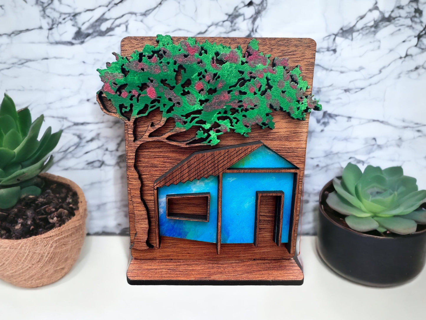 Flamboyan Tree & Casita Shelf Sitter: Puerto Rican Art Decor