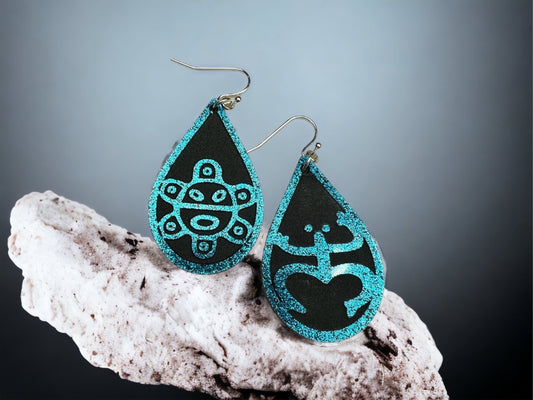 Taino Coqui Sol Earrings: Blue or Glitter Acrylic and glow in the dark dangles, Puerto Rico Art
