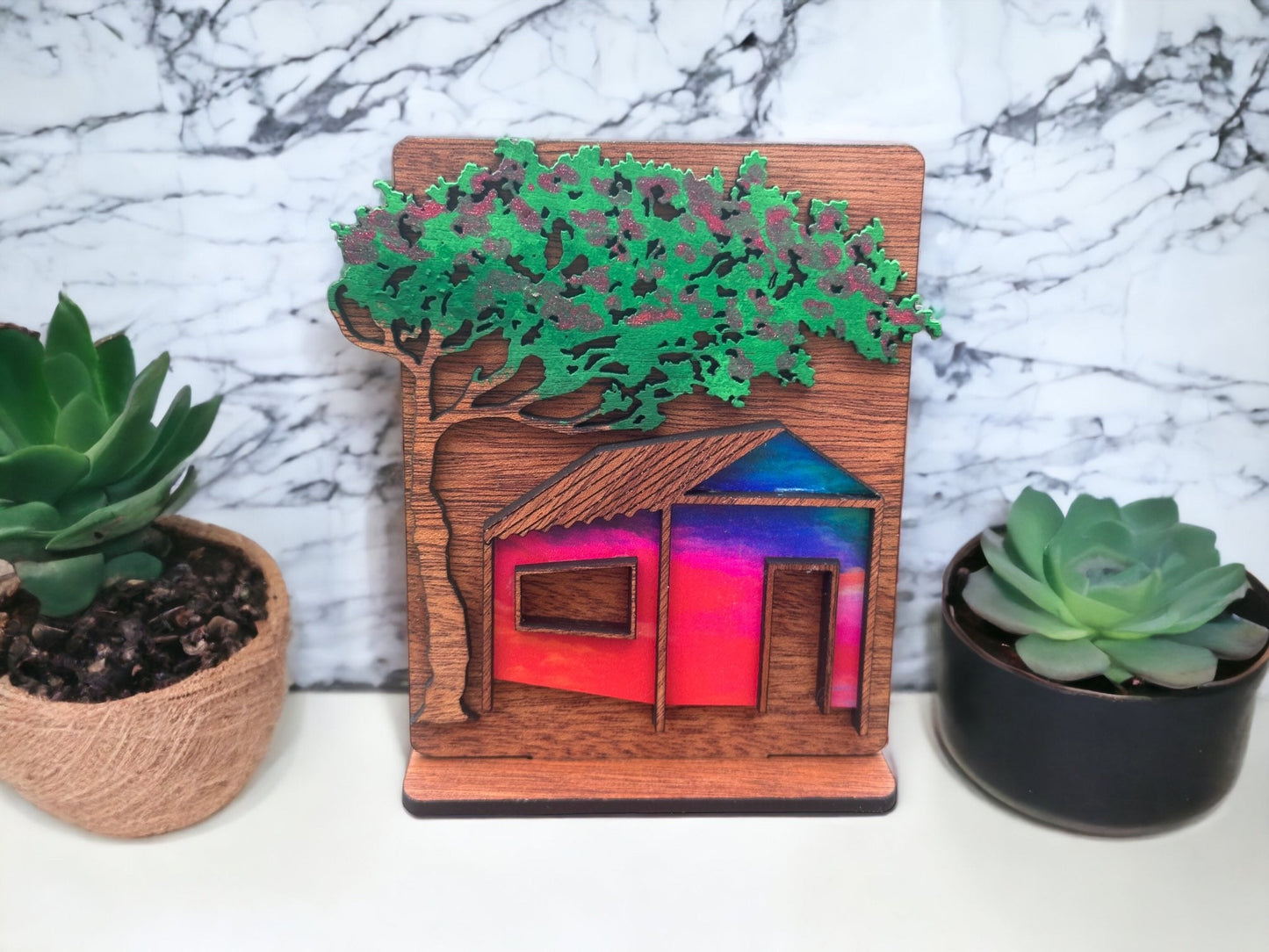Flamboyan Tree & Casita Shelf Sitter: Puerto Rican Art Decor