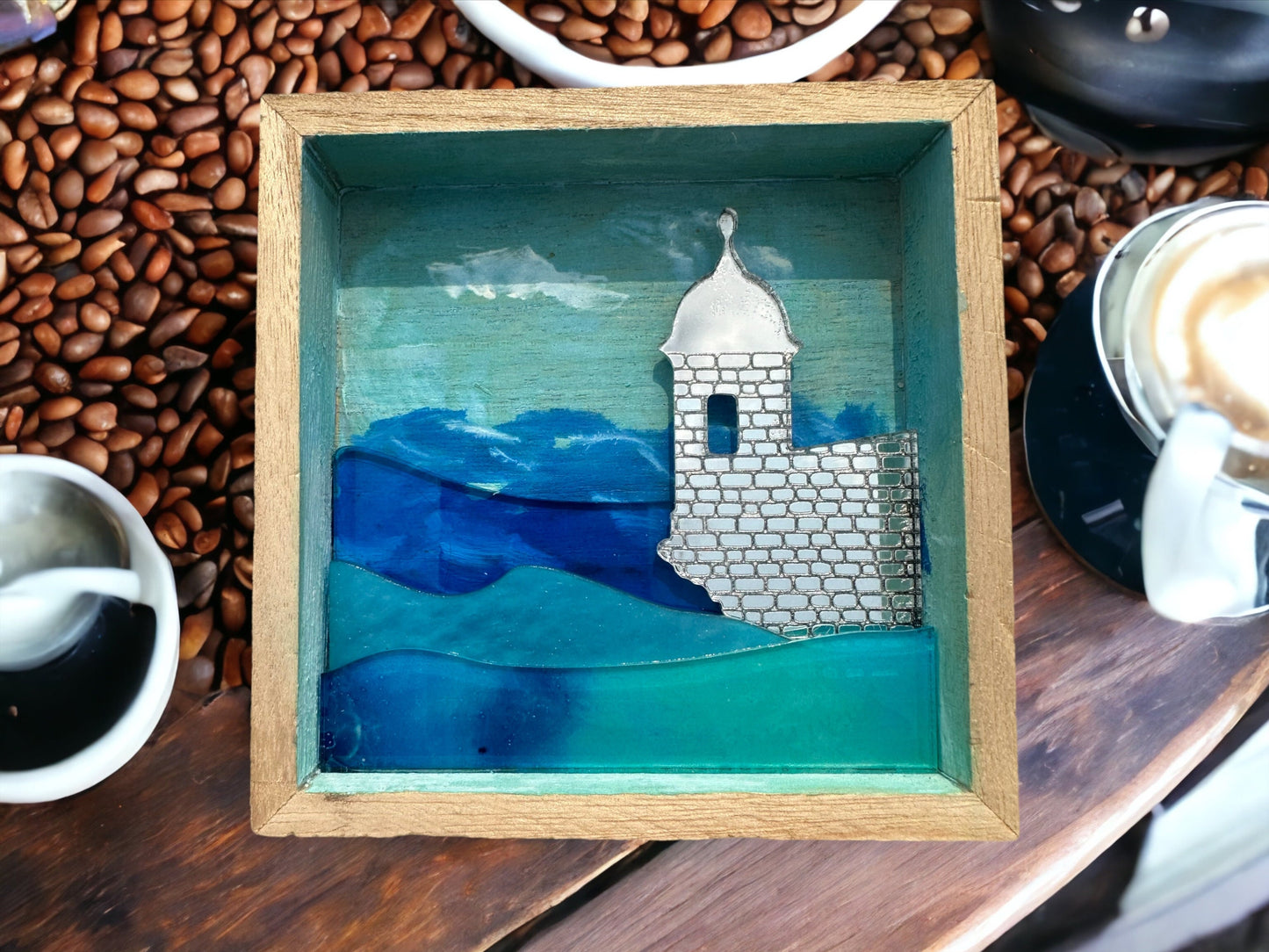 El Morro Art: Handmade Puerto Rico Sunset Painting with ocean acrylic layers, Tropical Wall Decor