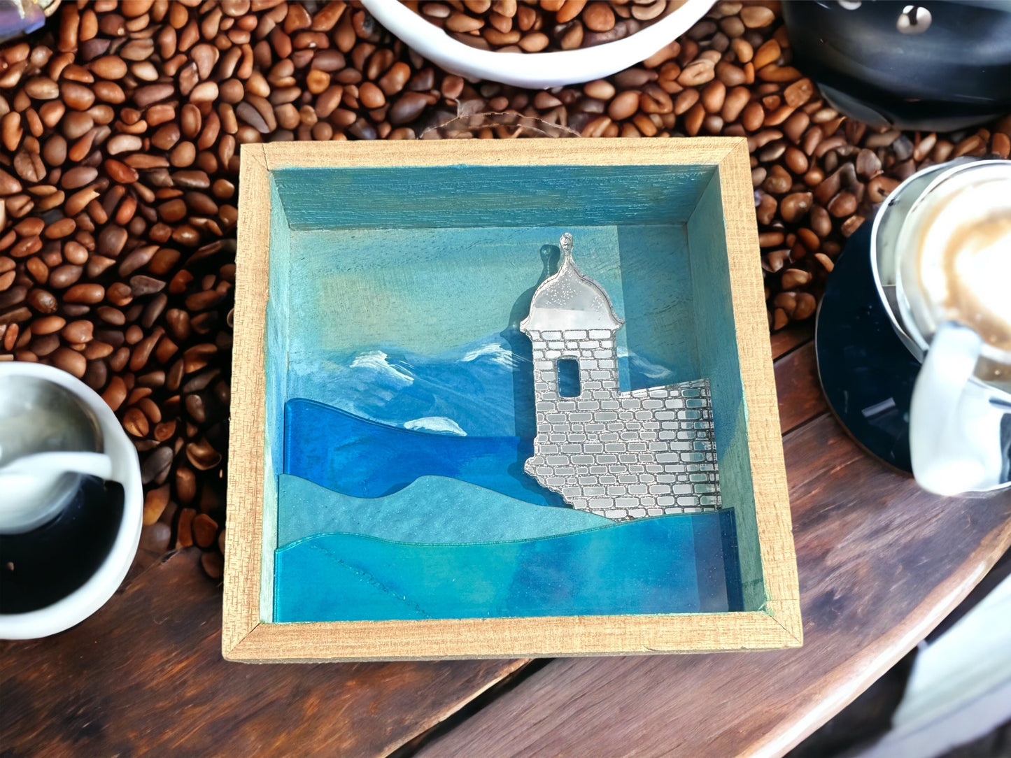 El Morro Art: Handmade Puerto Rico Sunset Painting with ocean acrylic layers, Tropical Wall Decor