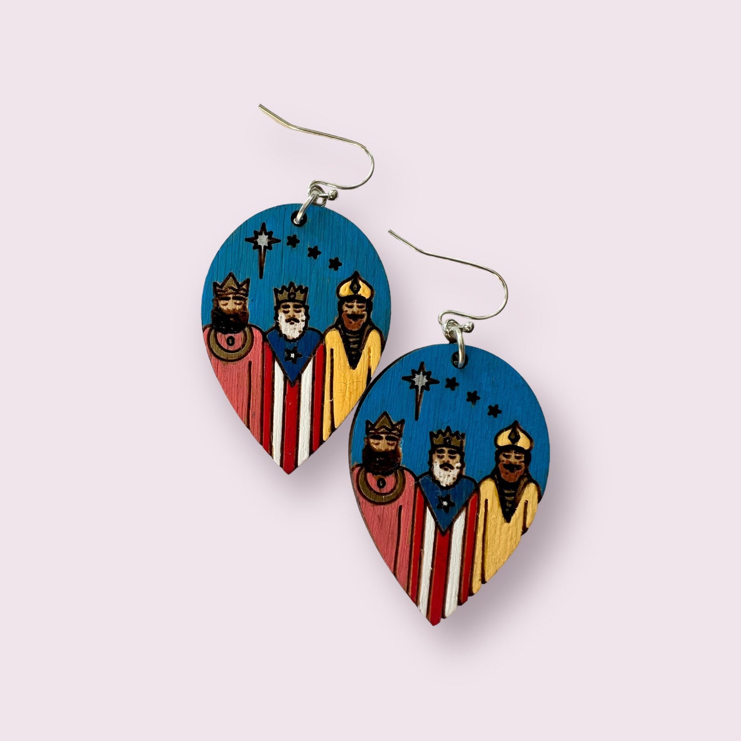 Handpainted Three Kings Earrings: Puerto Rico flag Art, Hypoallergenic Jewelry