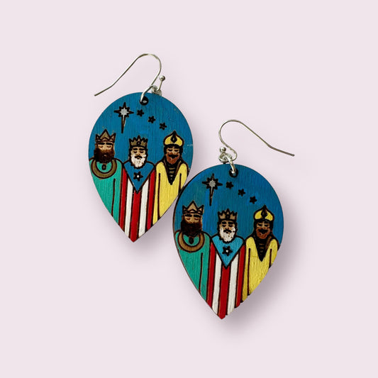 Handpainted Three Kings Earrings: Puerto Rico flag Art, Hypoallergenic Jewelry