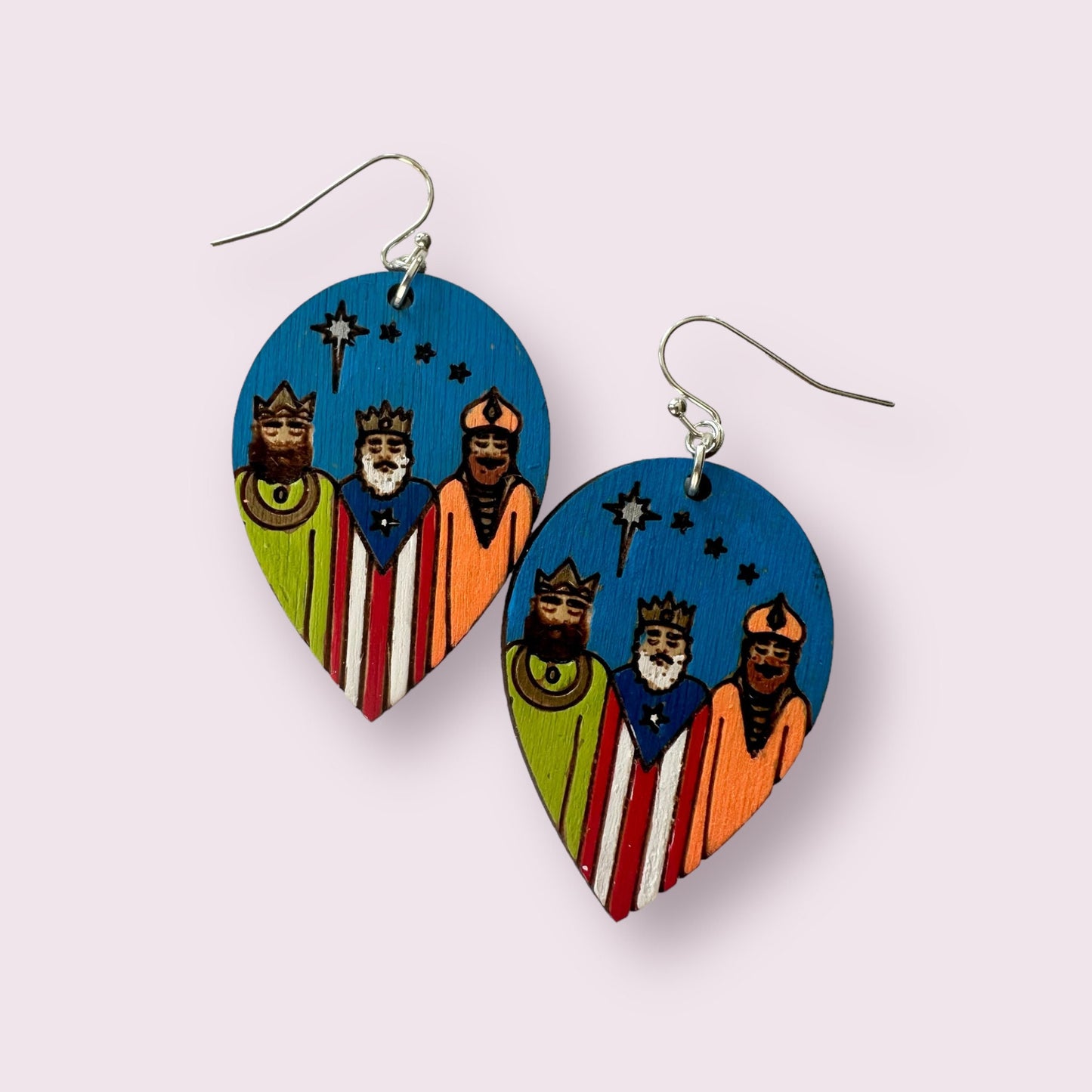 Handpainted Three Kings Earrings: Puerto Rico flag Art, Hypoallergenic Jewelry
