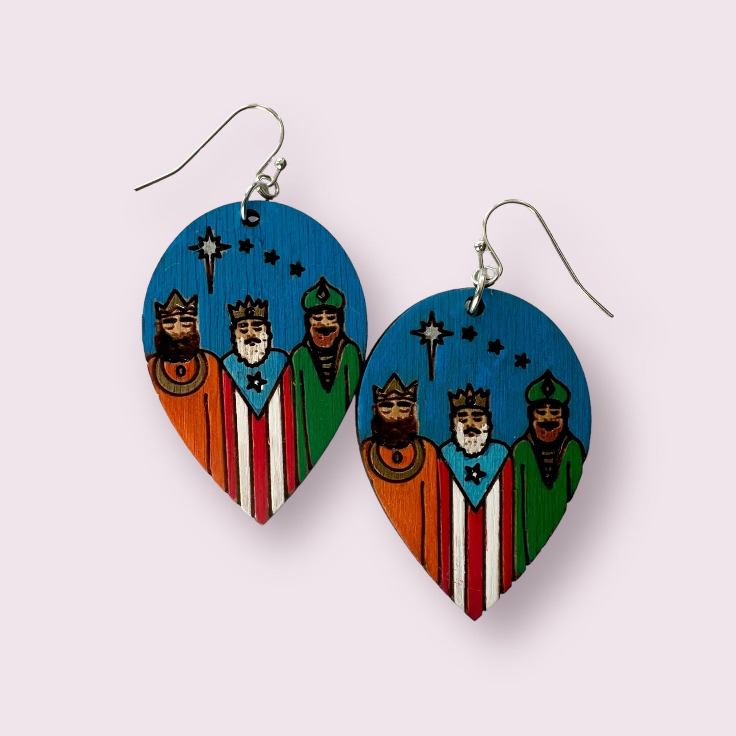 Handpainted Three Kings Earrings: Puerto Rico flag Art, Hypoallergenic Jewelry