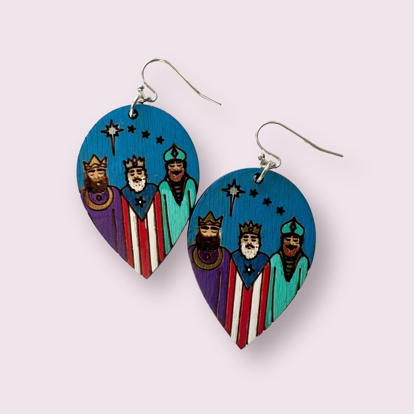 Handpainted Three Kings Earrings: Puerto Rico flag Art, Hypoallergenic Jewelry